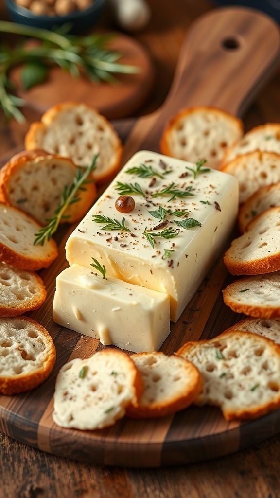 Savory Butter Board Recipe A savory butter board with flavored butter, herbs, and garlic, served with crusty bread and crackers.